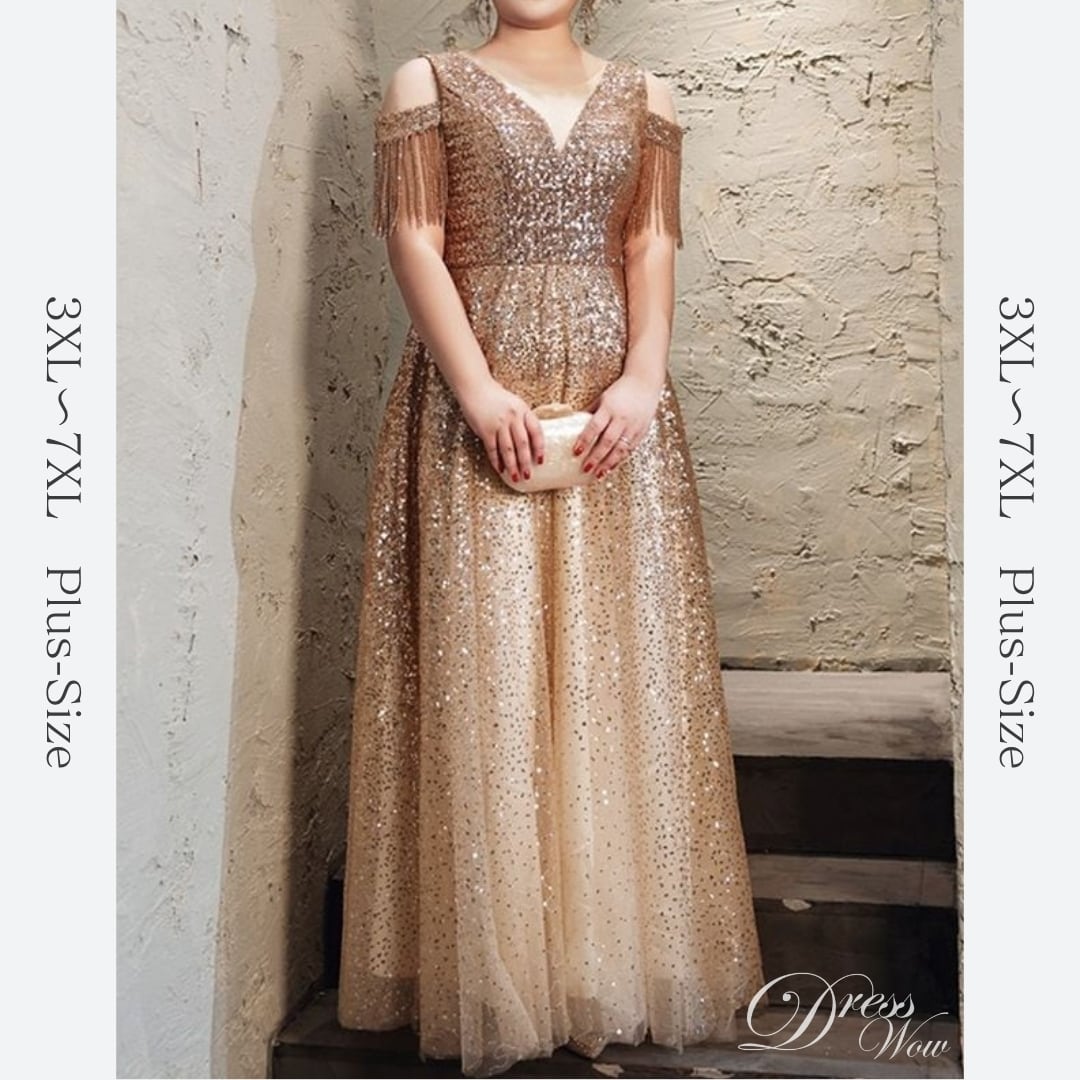 3XL〜7XL】フリンジスリーブスパンコールドレス D1529 – DRESSWOW