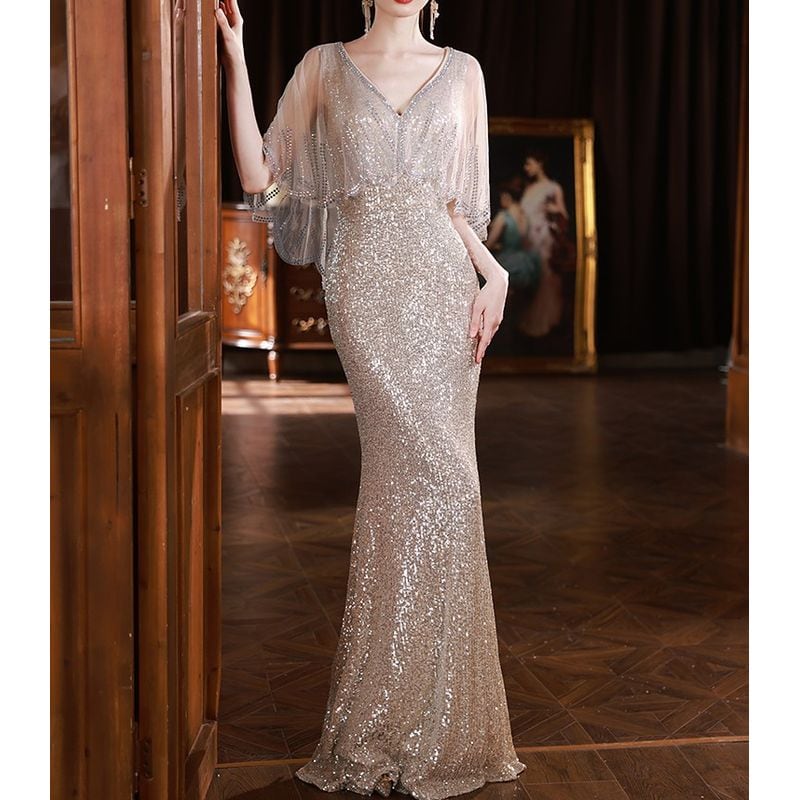 スパンコールケープスリーブドレス D1519 – DRESSWOW（ドレスワオ）