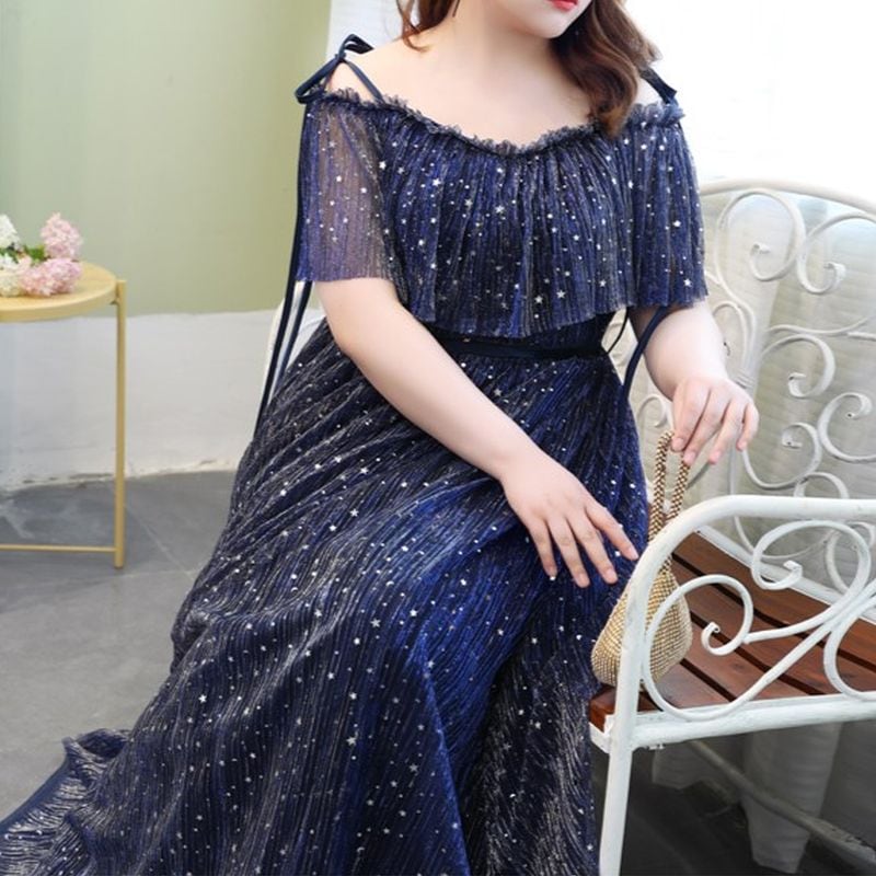 【3XL〜7XL】ショールスリーブチュールドレス　D1561