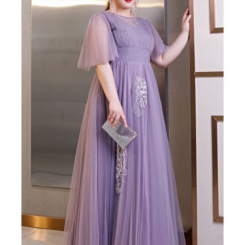 【3XL〜7XL】フレアスリーブチュールドレス　D1599