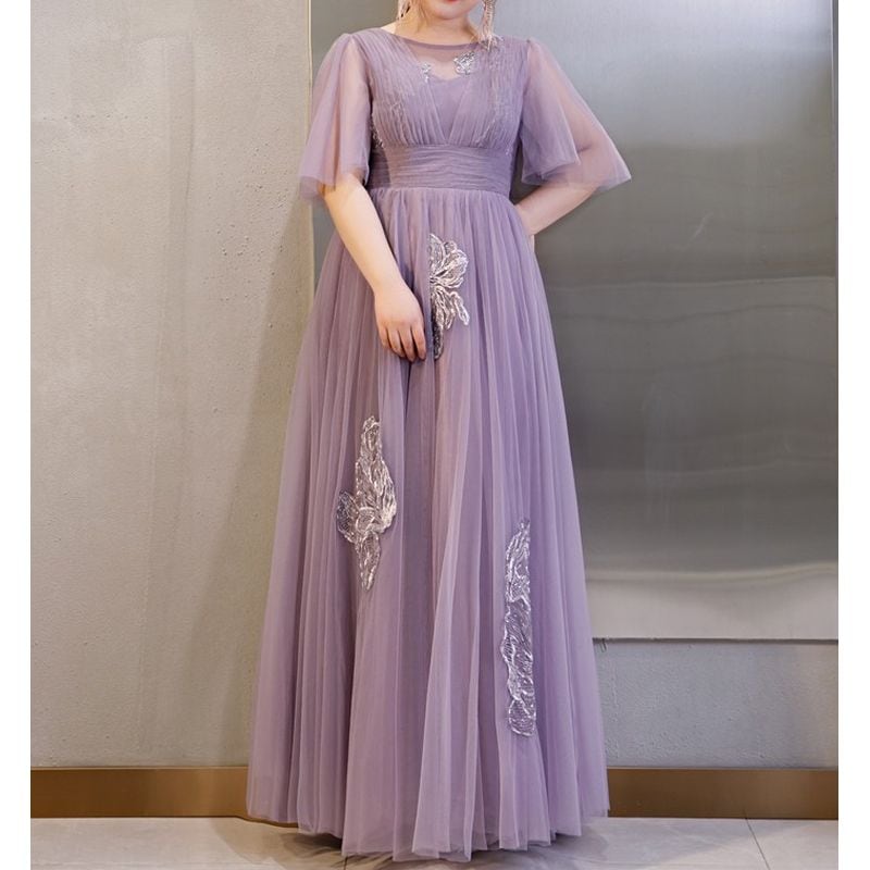 【3XL〜7XL】フレアスリーブチュールドレス　D1599