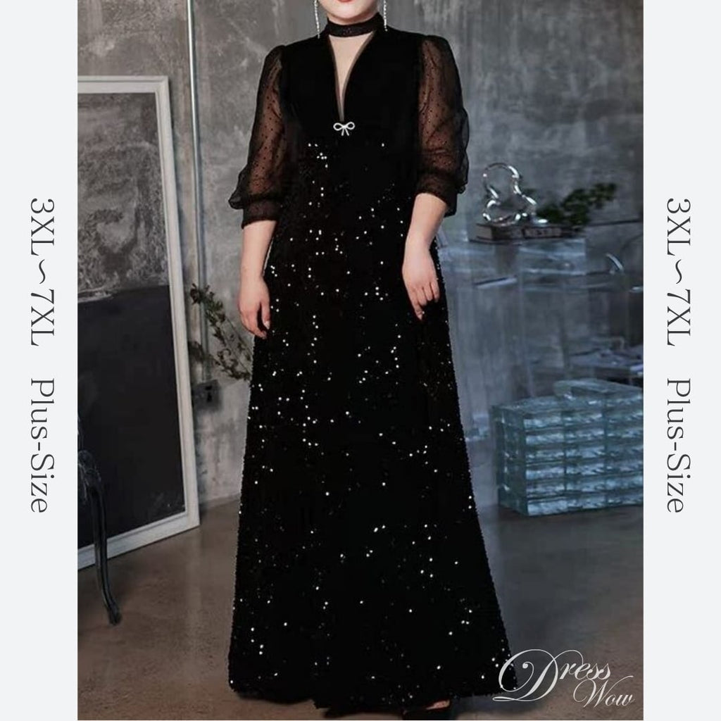 【3XL〜7XL】シアースリーブスパンコールドレス　D1537