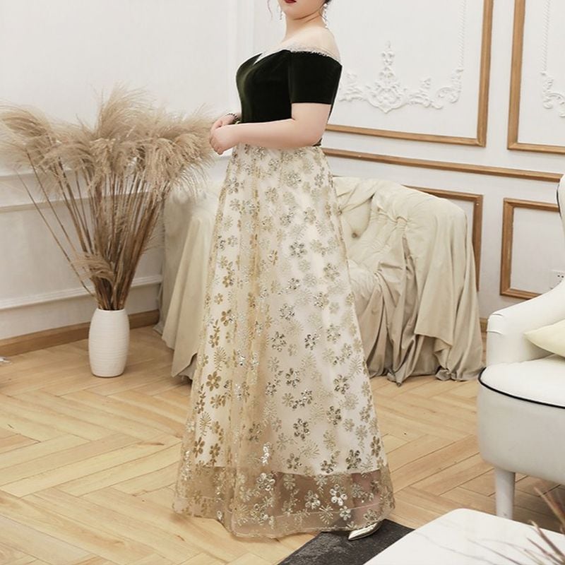 3XL〜7XL】ベルベット切替オフショルダードレス D1565 – DRESSWOW