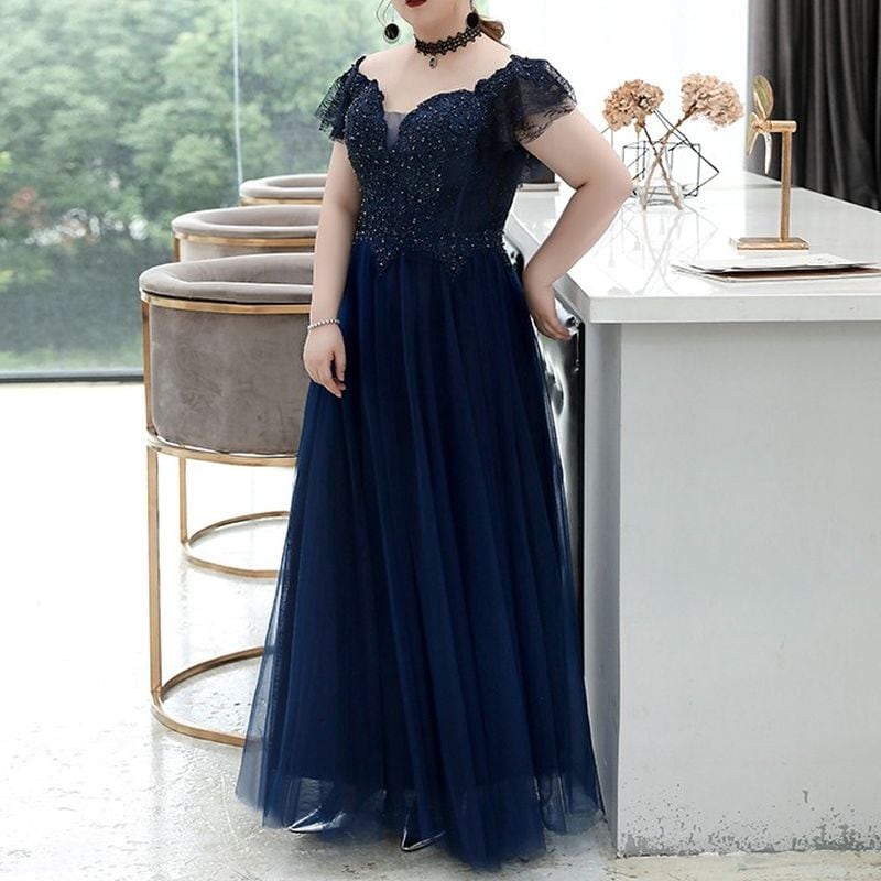 【3XL〜7XL】オフショルダーチュールドレス　D1580