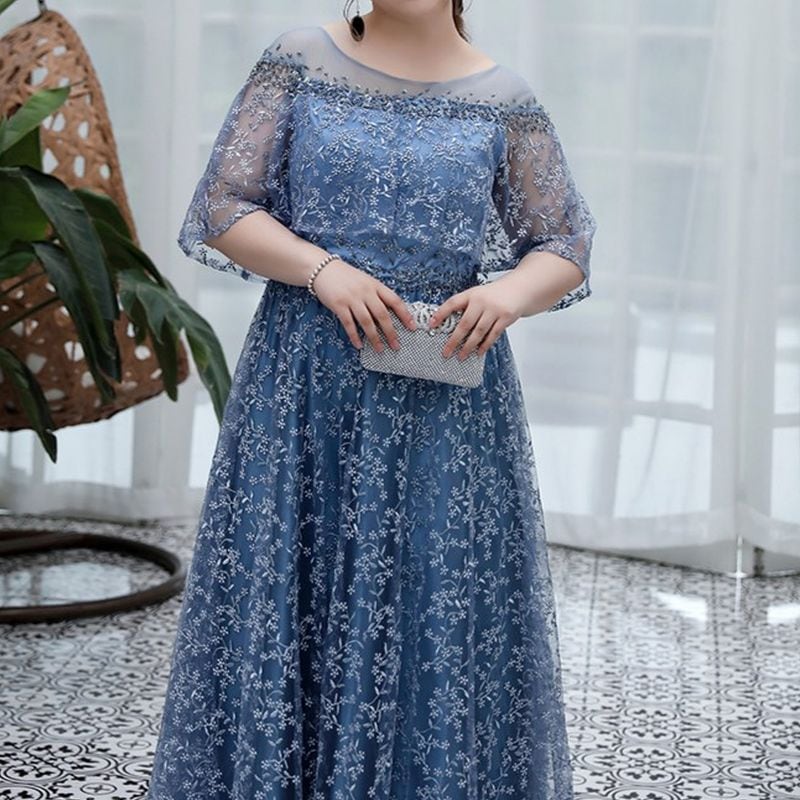 【3XL〜7XL】フラワー刺繍オーガンジードレス　D1606