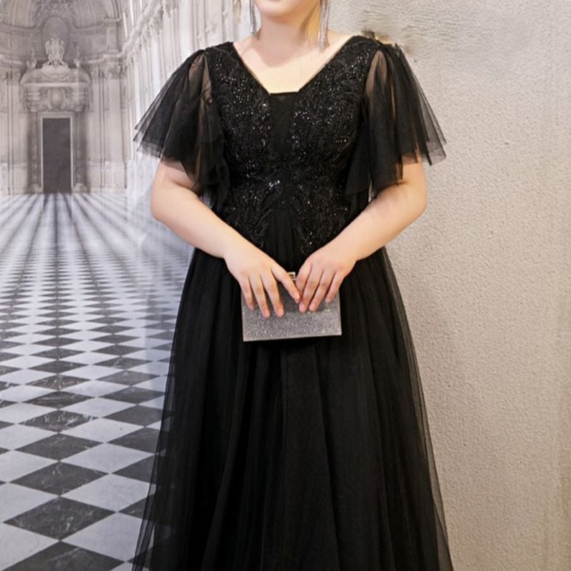 【3XL〜7XL】フレアスリーブチュールドレス　D1534