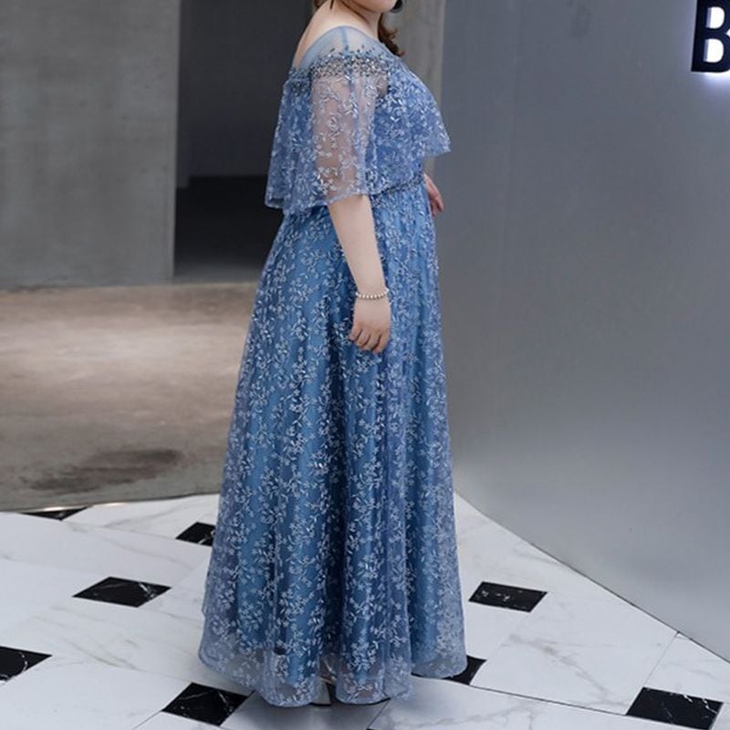 【3XL〜7XL】フラワー刺繍オーガンジードレス　D1606