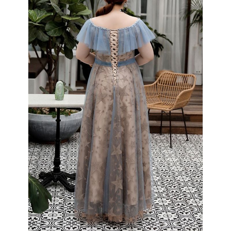 【3XL〜7XL】星柄フリルスリーブチュールドレス　D1607