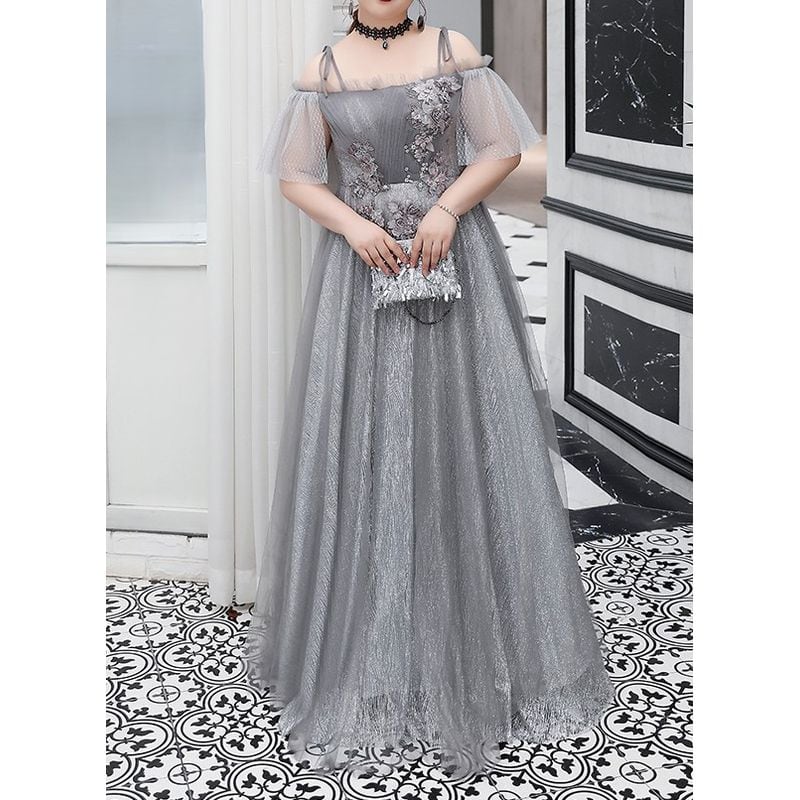 【3XL〜7XL】フリルスリーブチュールドレス　D1546