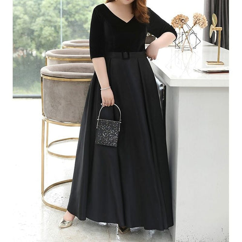 【3XL〜7XL】ベルベット切替Vネックドレス　D1618