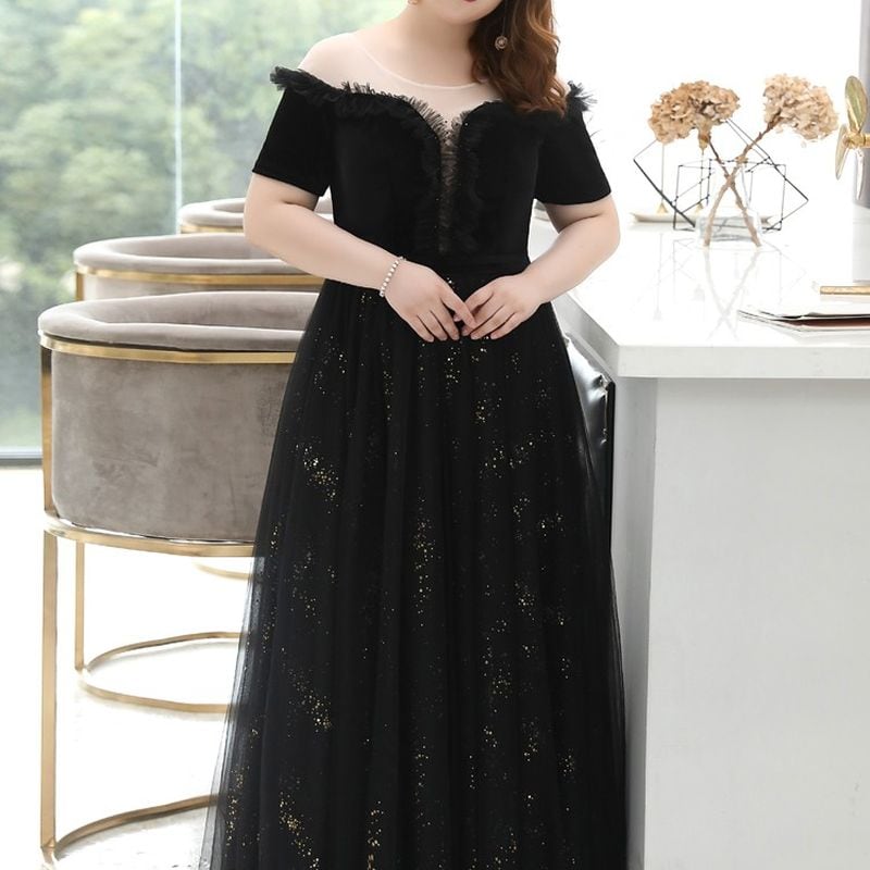 【3XL〜7XL】オフショルダーチュールドレス　D1556