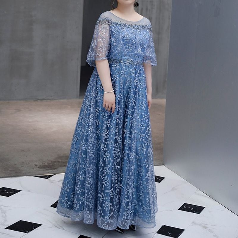 【3XL〜7XL】フラワー刺繍オーガンジードレス　D1606