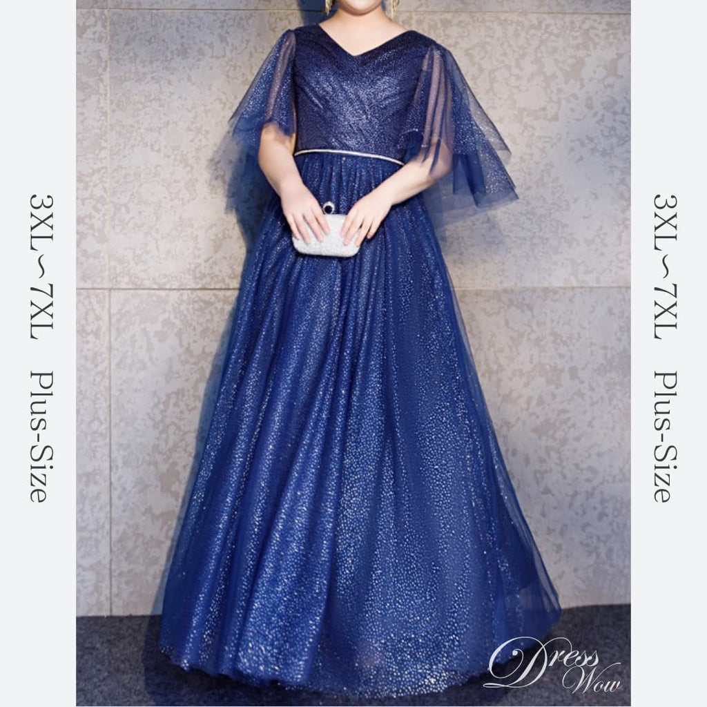 【3XL〜7XL】フレアスリーブグリッタードレス　D1623