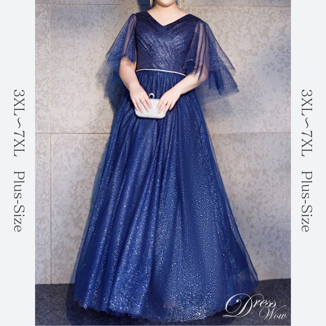 【3XL〜7XL】フレアスリーブグリッタードレス　D1623