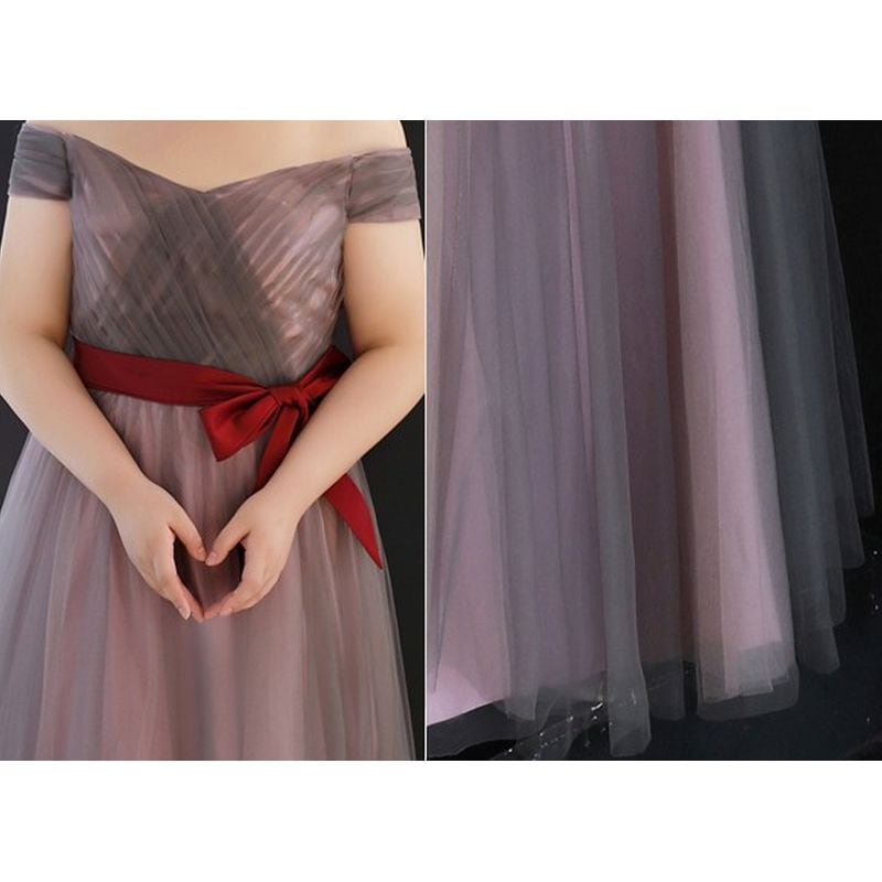 【3XL〜7XL】ウエストリボンチュールドレス　D1592
