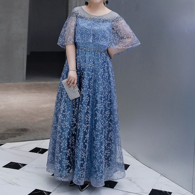 【3XL〜7XL】フラワー刺繍オーガンジードレス　D1606