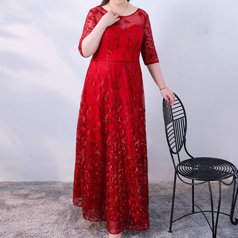 【3XL〜7XL】リーフ柄七分袖シアードレス　2color　D1608