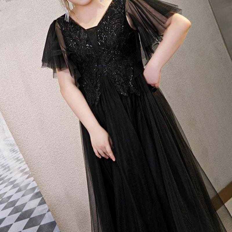 【3XL〜7XL】フレアスリーブチュールドレス　D1534
