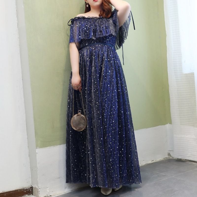 【3XL〜7XL】ショールスリーブチュールドレス　D1561