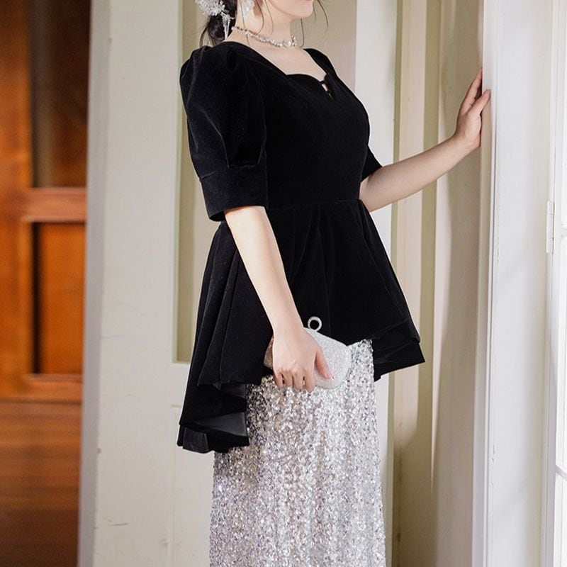 【3XL〜7XL】ベルベットスパンコールコンビドレス　D1528