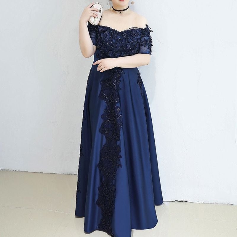【3XL〜7XL】オフショルダーサテンドレス　2color　D1532