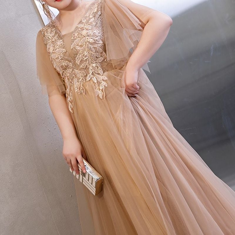 【3XL〜7XL】フレアスリーブチュールドレス　D1548