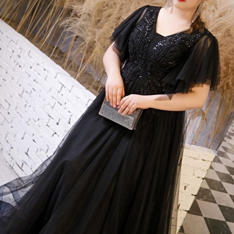 【3XL〜7XL】フレアスリーブチュールドレス　D1534