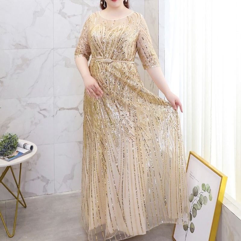 【3XL～7XL】スパンコールセミフレアドレス　D1550