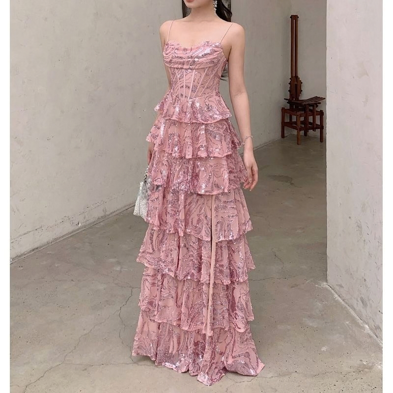 スパンコールティアードフリルドレス　10color　D2172