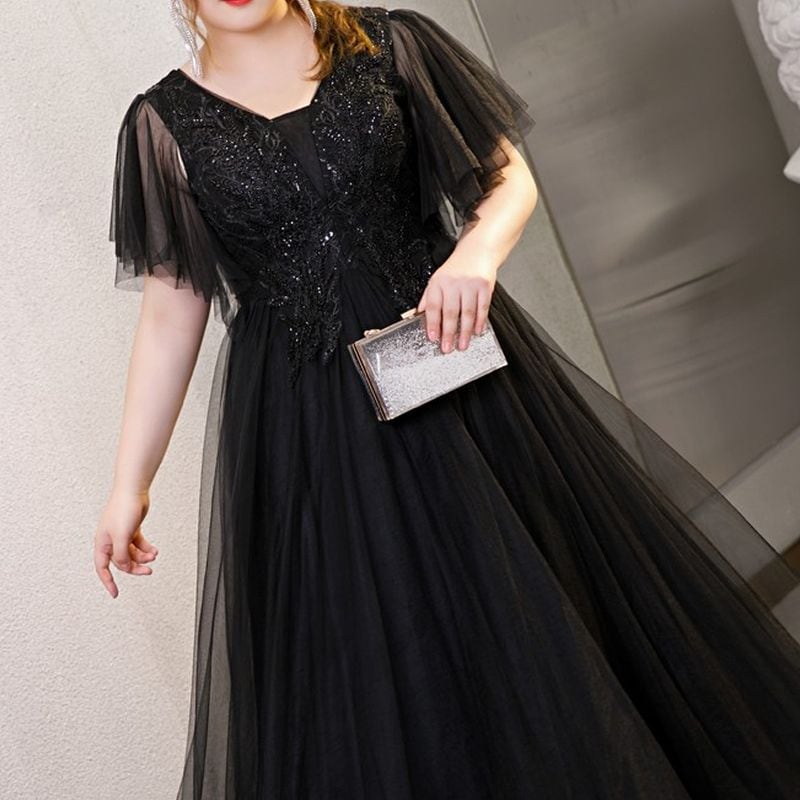【3XL〜7XL】フレアスリーブチュールドレス　D1534
