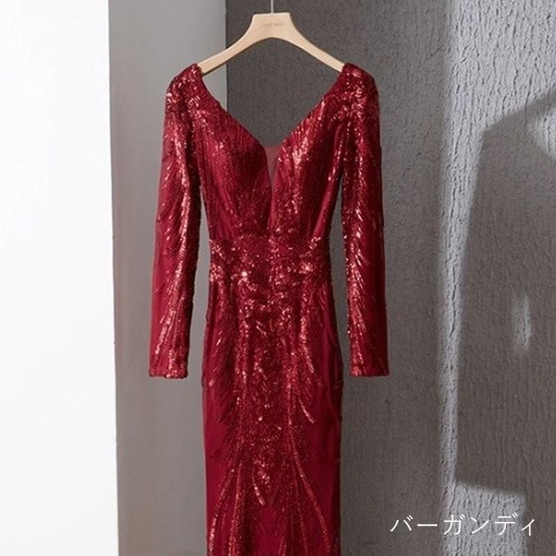 スパンコールロングスリーブマーメイドドレス　7color　D1696