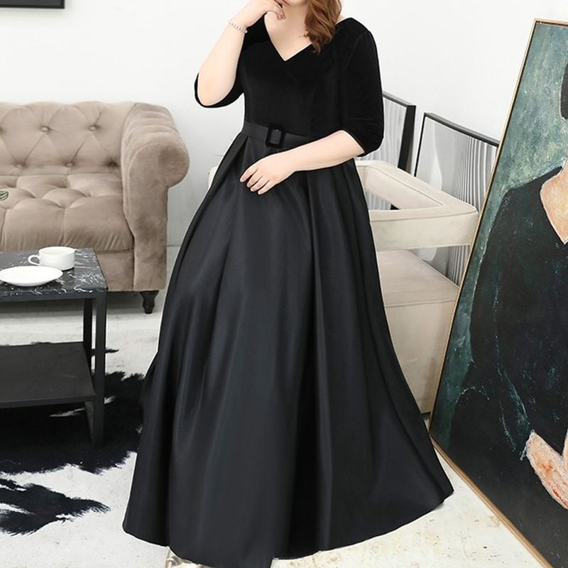 【3XL〜7XL】ベルベット切替Vネックドレス　D1618
