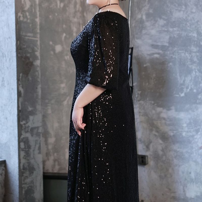 【3XL〜7XL】スパンコールスリットミディ丈ドレス　D1615