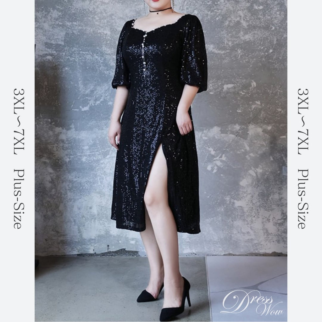 【3XL〜7XL】スパンコールスリットミディ丈ドレス　D1615