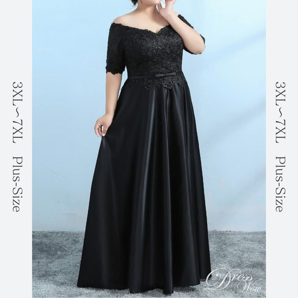 【3XL〜7XL】レース刺繍オフショルダーサテンドレス　2color　D1605