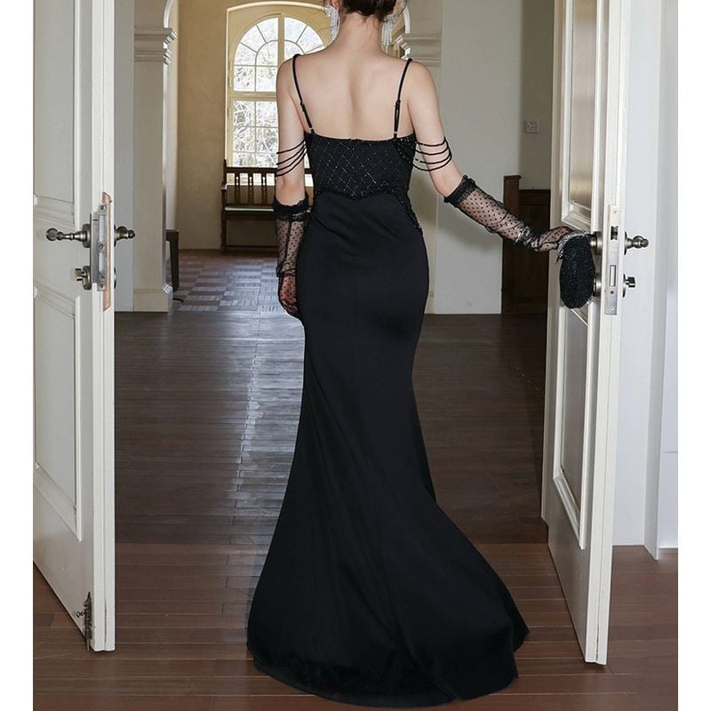 ビーズ装飾ブラックタイトドレス ビーズ装飾スリットマーメイドドレス 9color D1678 – DRESSWOW