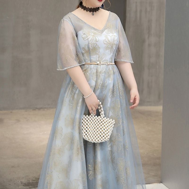 【3XL〜7XL】フラワーオーガンジードレス　D1594