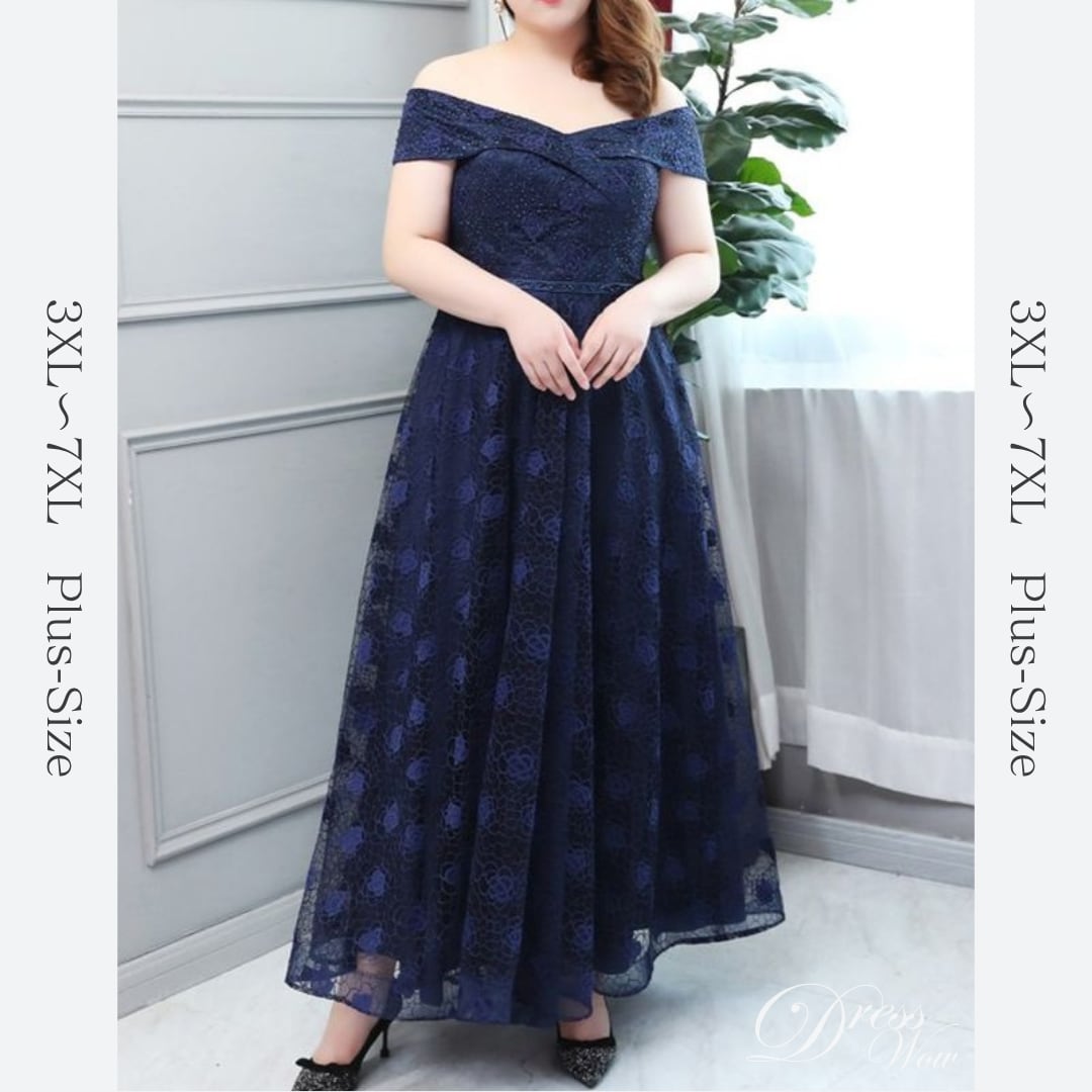 【3XL〜7XL】オフショルダーフラワーレースドレス　D1574