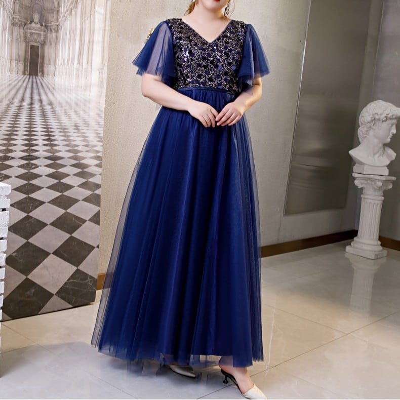 【3XL〜7XL】フレアスリーブチュールドレス　D1588