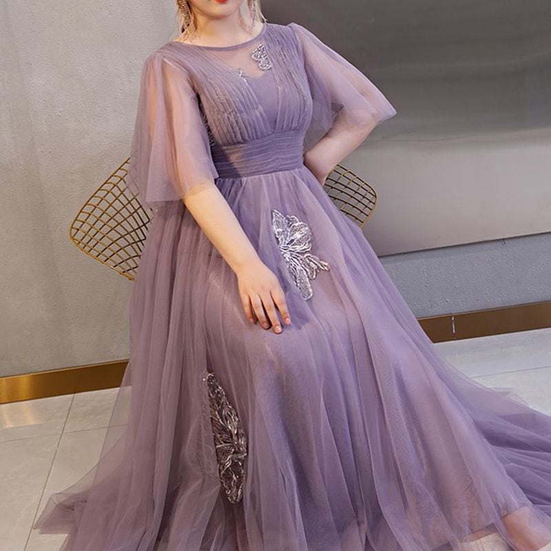 【3XL〜7XL】フレアスリーブチュールドレス　D1599