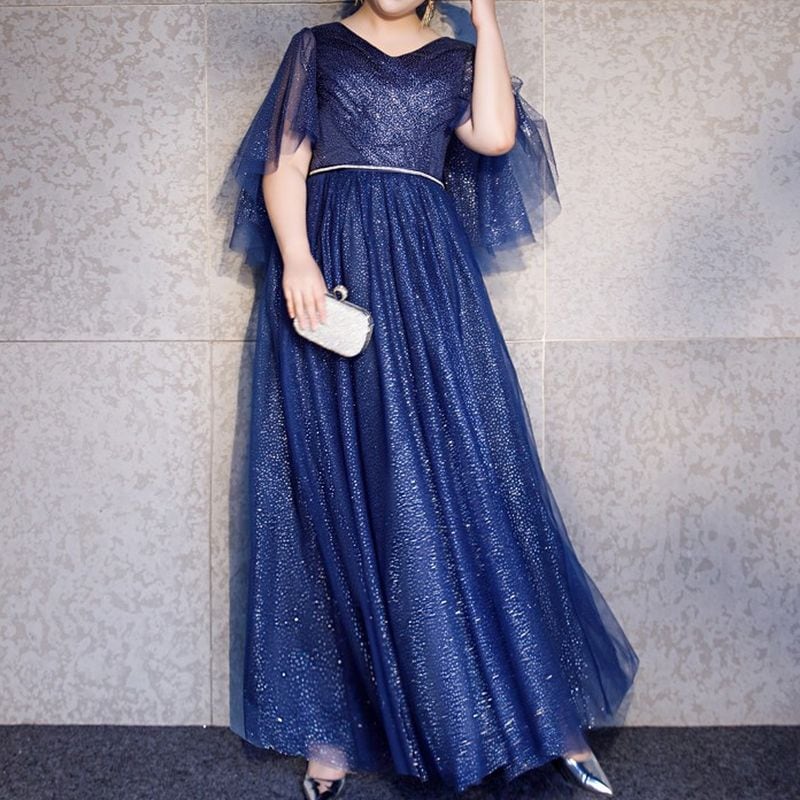 【3XL〜7XL】フレアスリーブグリッタードレス　D1623