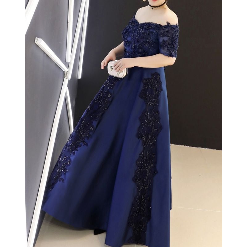 【3XL〜7XL】オフショルダーサテンドレス　2color　D1532