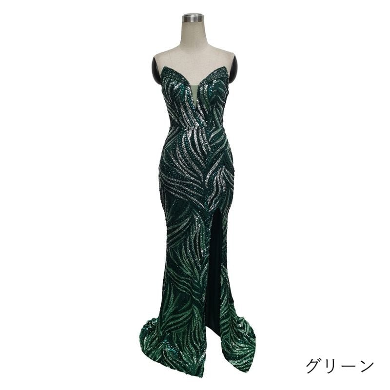 スパンコールベアトップマーメイドドレス　10color　D1694