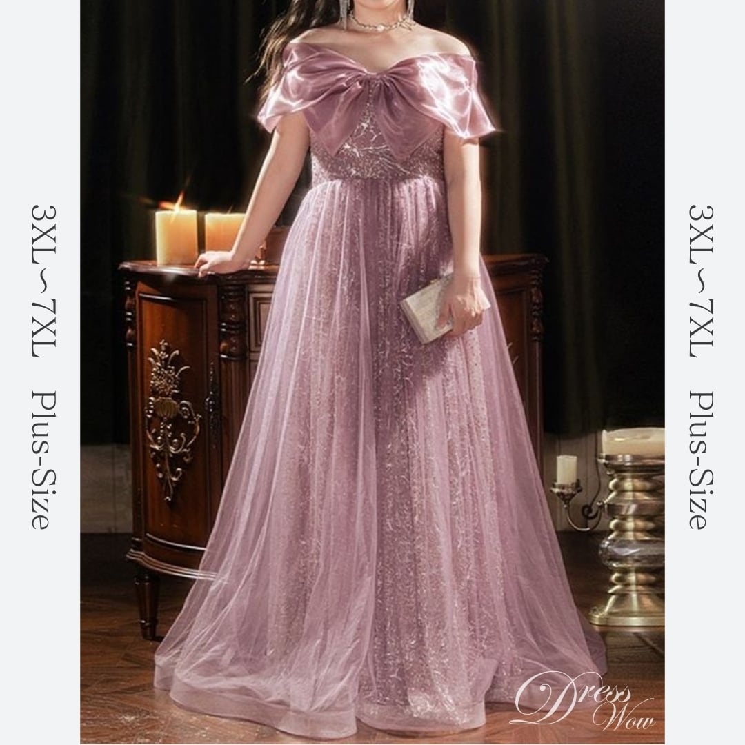 【3XL〜7XL】リボンオフショルダーチュールドレス　D1533