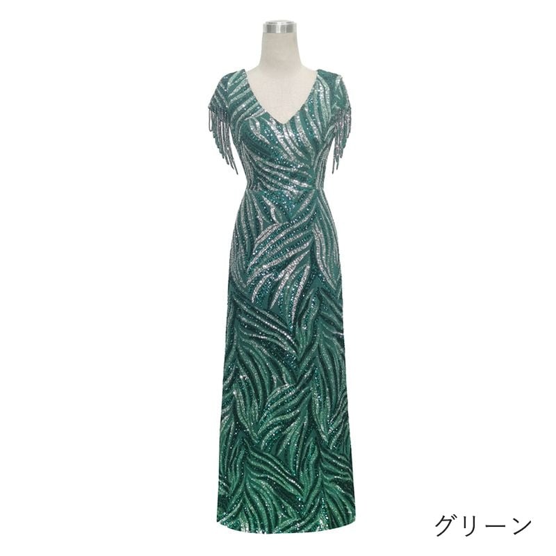 ビーズスリーブスパンコールスレンダードレス　10color　D1708