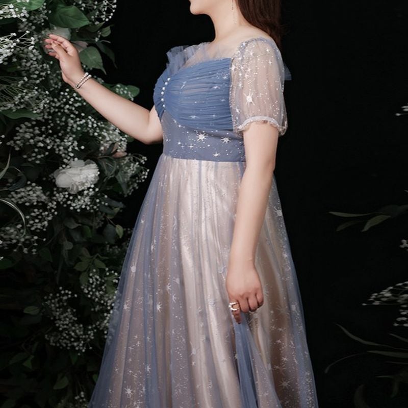 【3XL〜7XL】パフスリーブチュールドレス　D1579
