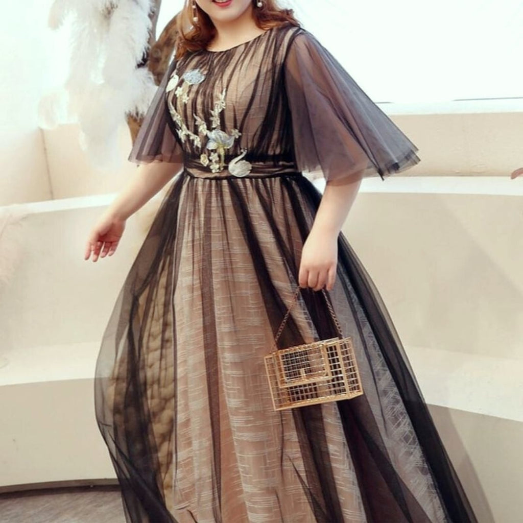 【3XL〜7XL】フレアスリーブチュールドレス　D1586