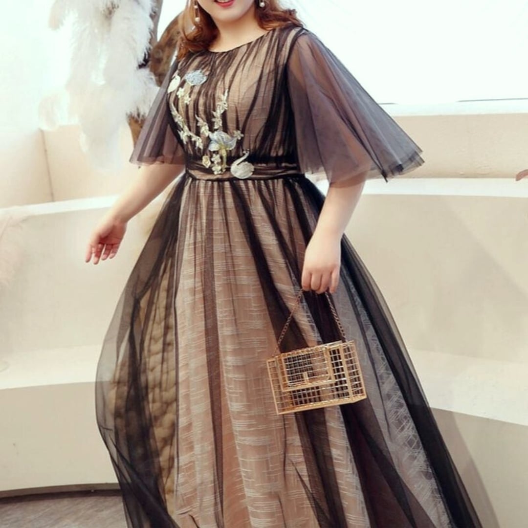 【3XL〜7XL】フレアスリーブチュールドレス　D1586