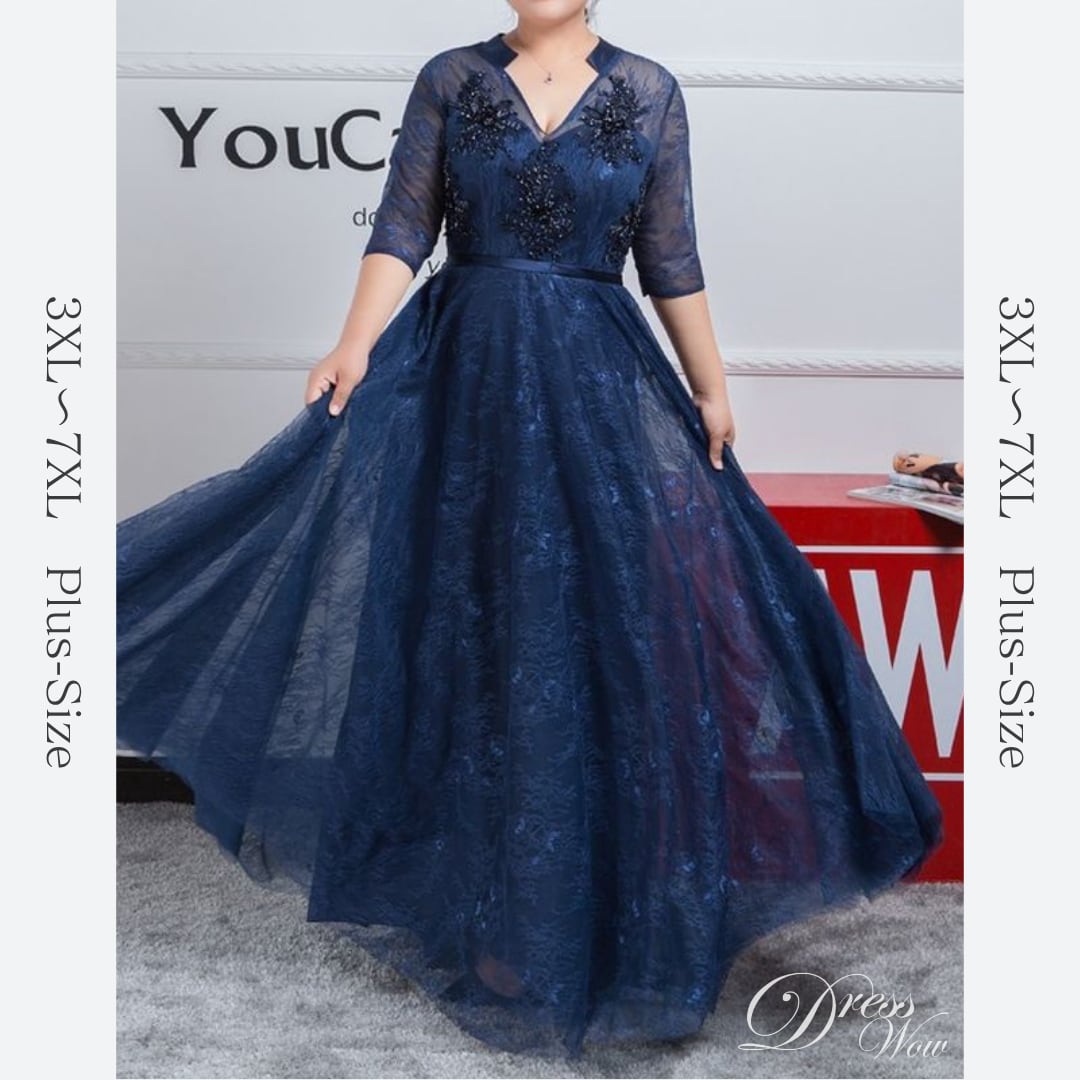 【3XL〜7XL】Vネックレースロングドレス　D1621
