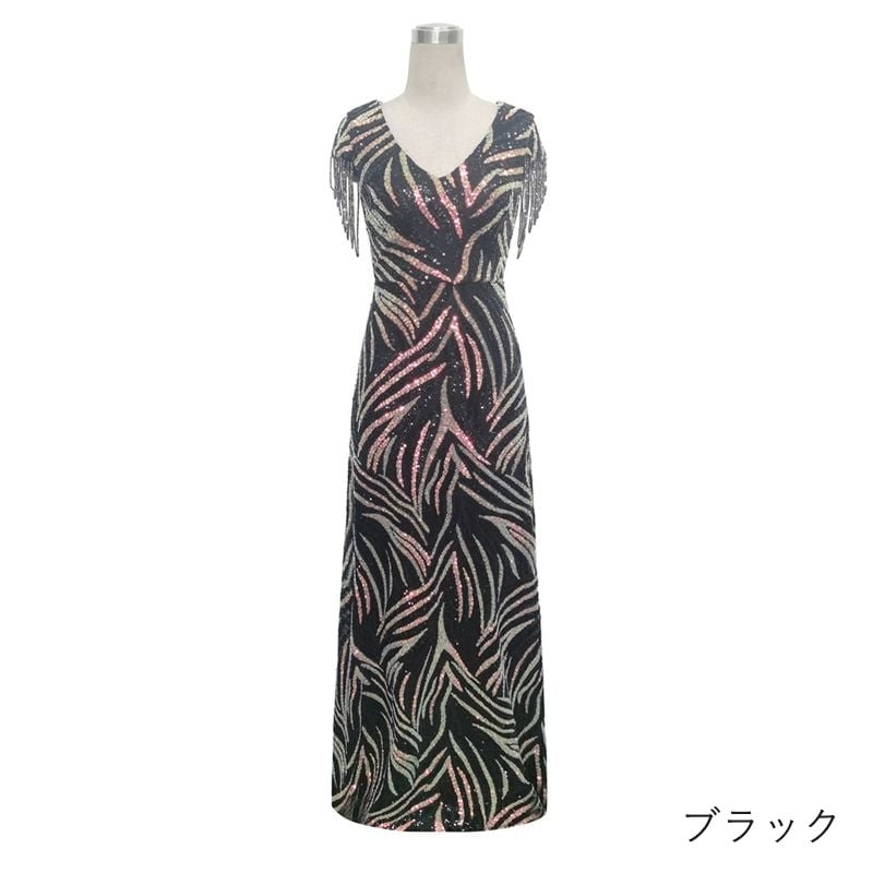 ビーズスリーブスパンコールスレンダードレス　10color　D1708